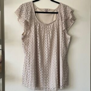 Roz & Ali|Crochet Flutter Sleeve Blouse|Oatmeal| 2X|EUC